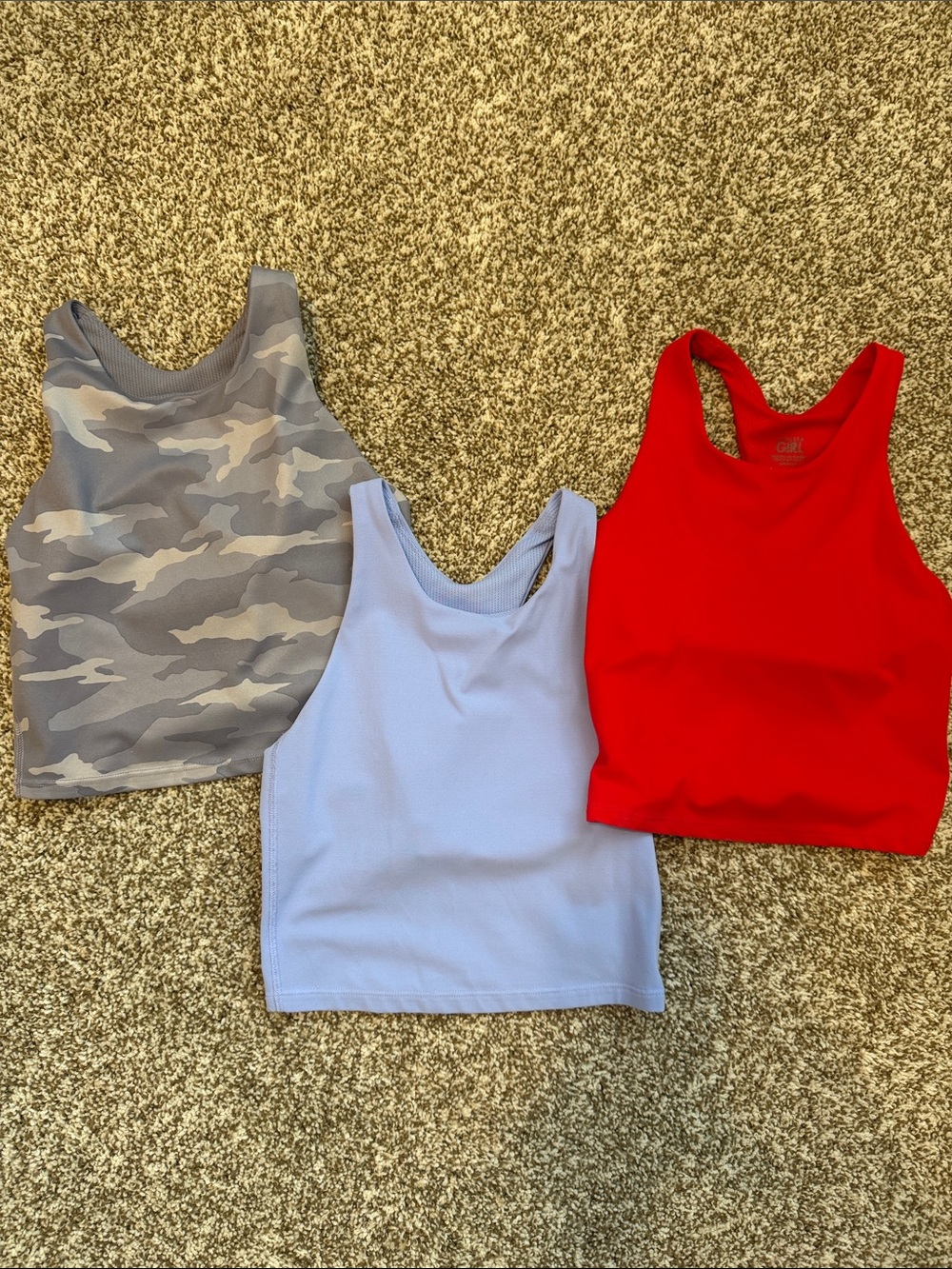 Athleta Girls' Tank Bundle of 3- Red, Light Blue, Gray Camo